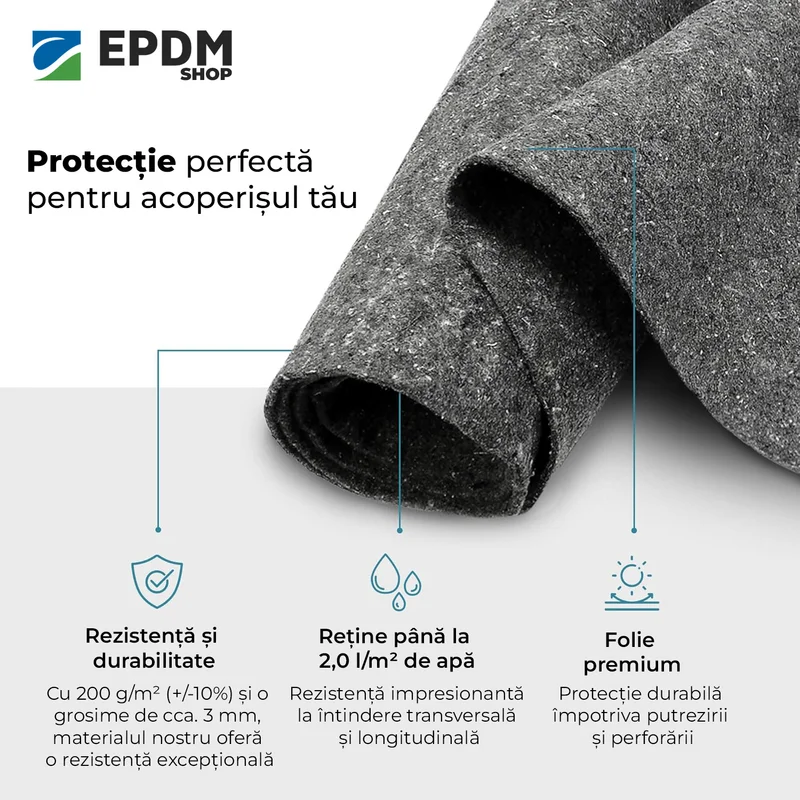 Geotextil 200 g/mp poliester nețesut pentru protecție membrană acoperiș și filtrare apă
