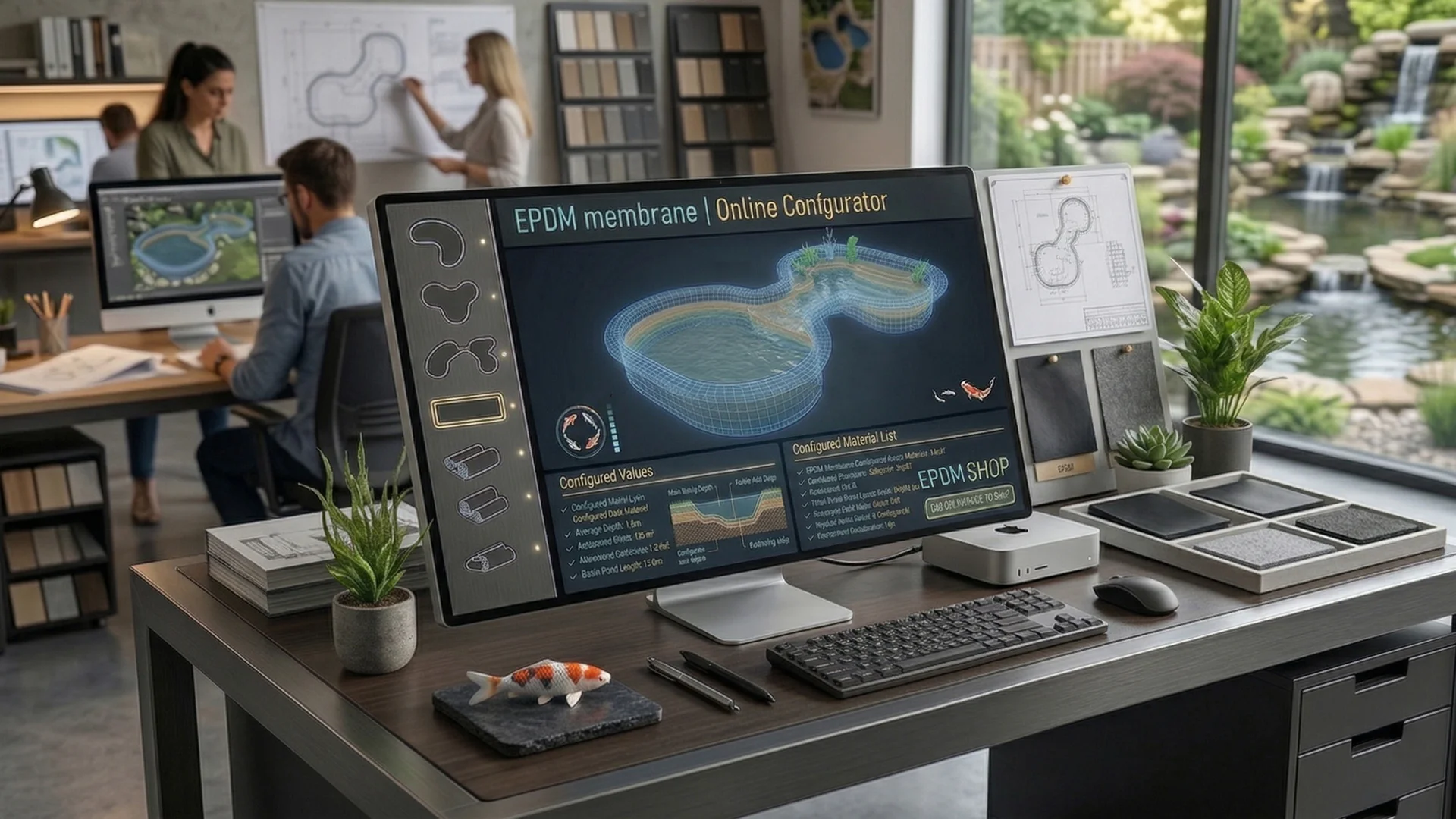 Configurator online membrană EPDM pentru iazuri. Instrument de calcul precis pentru folie cauciuc la comandă.